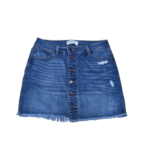 Mudd Blue Distressed Denim Skirt With Fringed Hem Size 9 - Picture 1 of 4